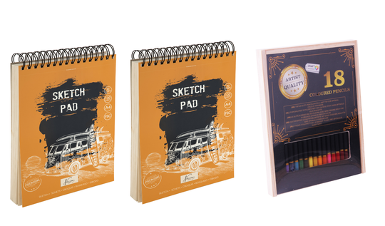 Nassau - Sketch pad A4 120 sheets x 2&Colouring pencils 18 pcs in wooden box - Bundle