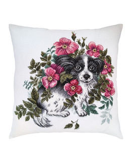 Kirjontapakkaus Tyynynpäällinen Koira & kukat