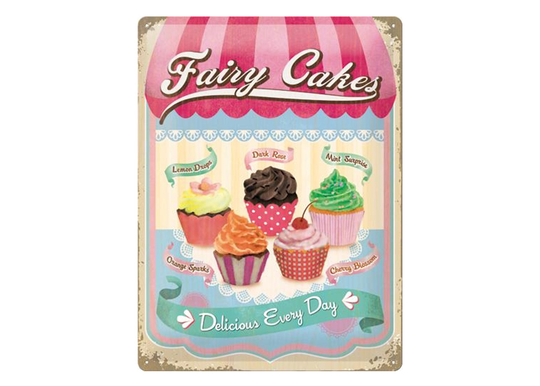 Retro metallitaulu Fairy Cakes Delicious Every Day 30x40 cm