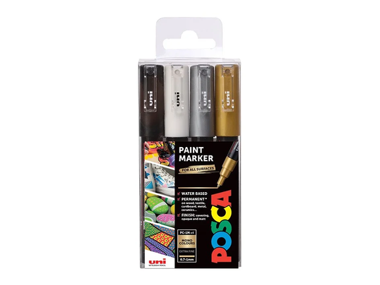 ​Posca - PC1MC - Extra Fine Tip Pen - Gold, Silver, Black and White, 4 pc​