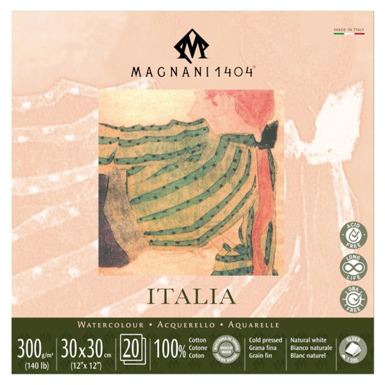 Magnani Akvarelliilehtiö Italia 100% Puuvilla 300g Fine Grain 30x30cm 20 Sheet
